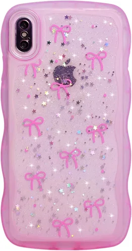 Miniatura 17 de Qokey Funda para iPhone 12 Pro Max de 6.7 pulgadas, diseño de onda rizada, borde transparente, brillante con purpurina, estrella brillante, bonita