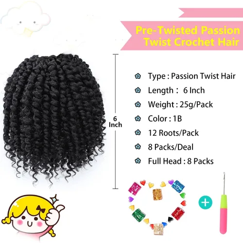 Miniatura 2 de Fulcrum Cabello Passion Twist de 6 pulgadas, 8 paquetes de cabello de ganchillo Passion Twist para mujeres negras, cabello pretrenzado de ganchillo