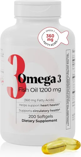 Aceite de pescado Omega 3 1200 mg - 360 mg de ácidos grasos omega-3 - Apoya la salud cardíaca y circulatoria - Suplemento de aceite de pescado para