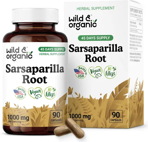 Wild & Organic Cápsulas de raíz de zarzaparrilla, apoyo para la piel y la desintoxicación, suplemento de extracto de raíz de zarzaparrilla de 1000