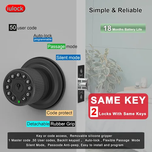 Miniatura 2 de iulock Pomo de puerta inteligente con teclado y llave, cerradura de puerta de entrada sin llave con agarre de goma, bloqueo automático, 50 códigos