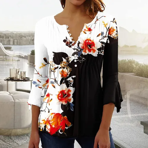 Miniatura 48 de Ceboyel Blusa tipo túnica con estampado floral para mujer, con botones, estilo Henley, con manga de codo, casual, trajes de moda para mujer