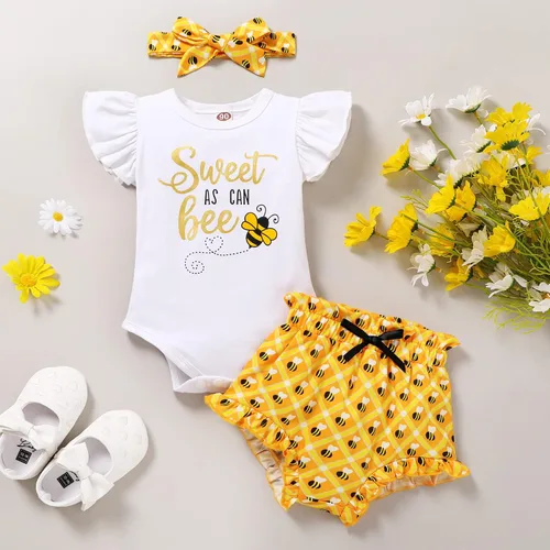 Miniatura 7 de YOUNGER TREE Traje de bebé niña de primer cumpleaños con estampado de abejorro de abejorro, mameluco corto con diadema de verano con mangas