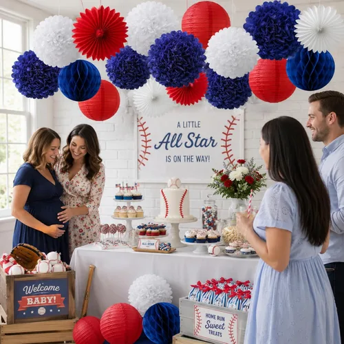 Miniatura 6 de ADLKGG Juego de 16 piezas de decoración de fiesta colgante azul marino, rojo y blanco, pompones de papel de seda, flores, bolas de panal, linternas