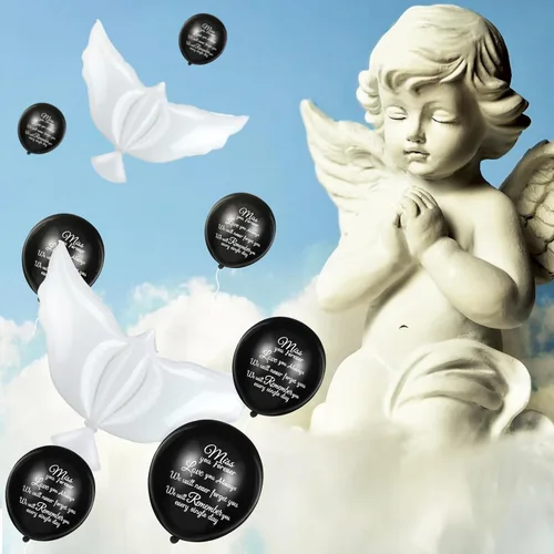 Miniatura 5 de Skylety 36 globos conmemorativos con 4 globos de paloma de la paz para liberar en recuerdo del cielo, decoraciones de helio para funerales, Negro