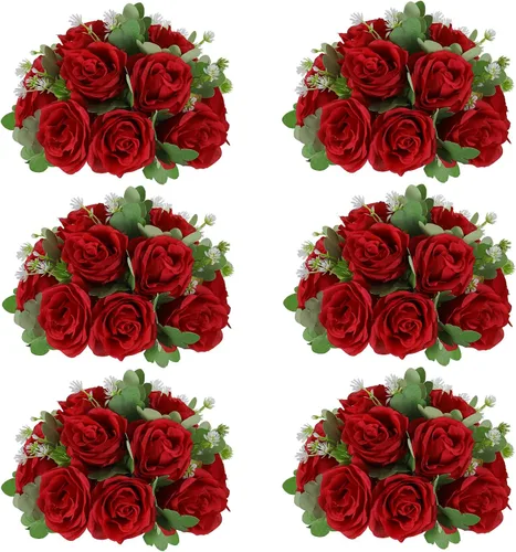 Miniatura 8 de 10 centros de mesa de bola de flores artificiales para bodas, bolas de beso, rosas de seda rojas, arreglos florales románticos para compromiso