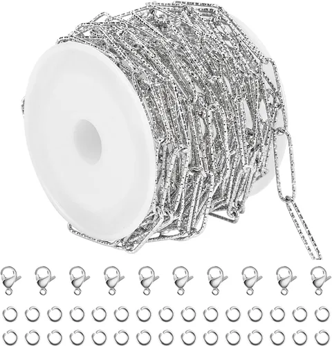Miniatura 16 de YOUBEIYEE Cadena de acero inoxidable de 16.4 pies para hacer joyas, cadenas chapadas en oro con clip en relieve, a granel con anillos de salto