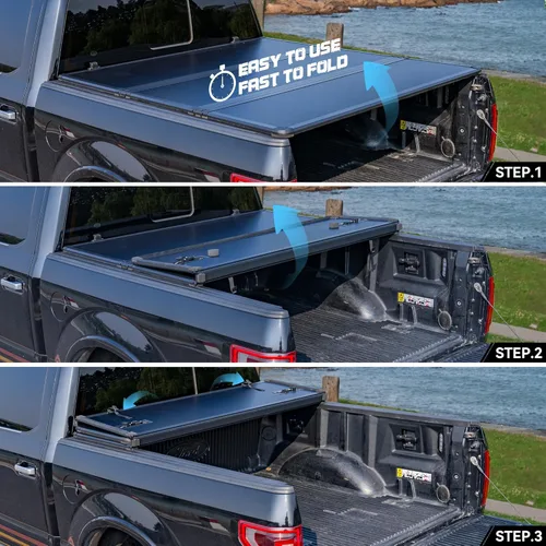 Miniatura 3 de Cubierta rígida de tres pliegues para plataforma de camioneta compatible con Nissan Frontier 2005-2025 de 5 pies de caja corta con o sin riel