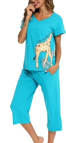 Miniatura 4 de ENJOYNIGHT Conjunto de pijama de algodón para mujer, parte superior de manga corta y pantalones capri, ropa de dormir de 2 piezas