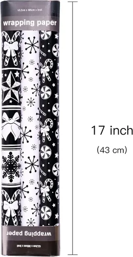 Miniatura 6 de LeZakaa Mini rollo de papel de regalo de Navidad, diseño de campana y árbol/bastones de caramelo/copos de nieve, blanco y negro, para envolver