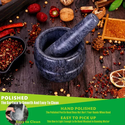 Miniatura 4 de Juego de mortero y mortero pulido de piedra de mármol natural pulido Guacamole Molcajete Bowl con base de silicona, cuchara inoxidable a juego