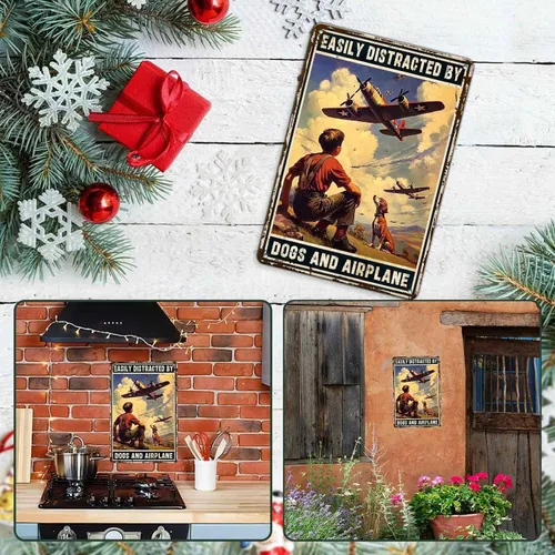 Miniatura 5 de Cartel de avión, póster de metal vintage para habitación de niño, fácil de distraer con perros y aviones, entusiastas militares, arte de pared