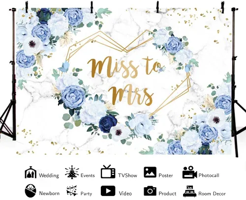 Miniatura 4 de AIBIIN Telón de fondo floral de Miss to Mrs de 7 x 5 pies para despedida de soltera, flores azules y blancas, fondo de fotografía, corazones