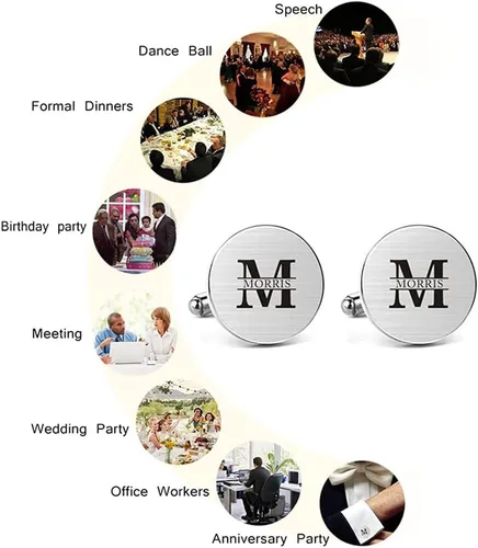 Miniatura 4 de ROSI - Gemelos personalizados personalizados para hombres, juego de gemelos con clip de corbata de boda, con letra inicial, nombre, camisas