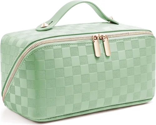 Miniatura 9 de Bolsa de cosméticos de viaje de gran capacidad - Bolsas de maquillaje portátiles para mujeres, impermeable, de cuero PU a cuadros, con organizador