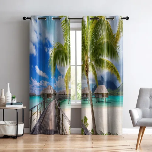 Miniatura 11 de Renaiss Cortinas opacas con diseño de mar tropical, nublado, cielo azul y verde azulado, estrella de mar transparente en playa arenosa, sala