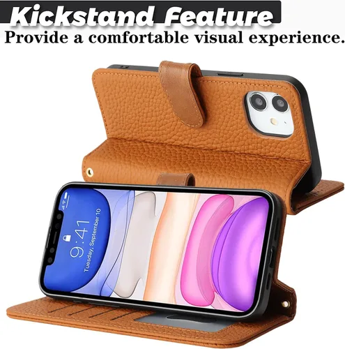 Miniatura 5 de Zouzt Funda para iPhone 11 de 6.1 pulgadas de piel auténtica con 4 ranuras para tarjetas, tarjetero con bloqueo RFID, tapa magnética, función atril