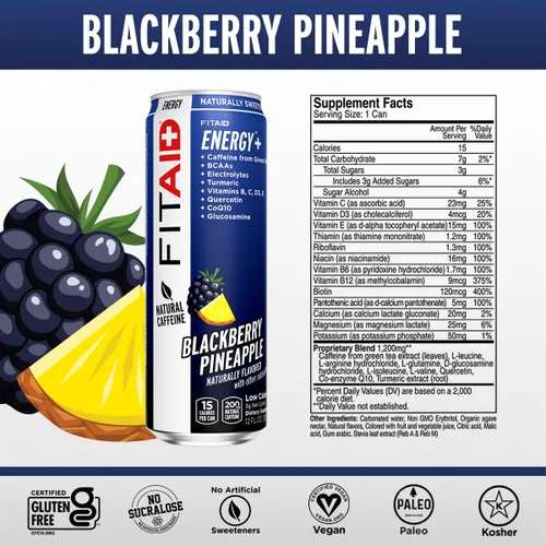 Miniatura 11 de Bebida FITAID ENERGY, 0.007 onzas de cafeína natural, keto, piña y mora, omega-3, 15 calorías, paleo, vegana y sin gluten, sin edulcorantes