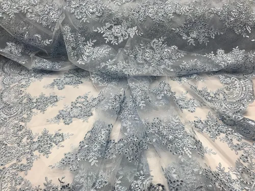 Valentina Textil Lentejuelas Tela de encaje con adornos en malla VT-012 (1 yarda, azul bebé)