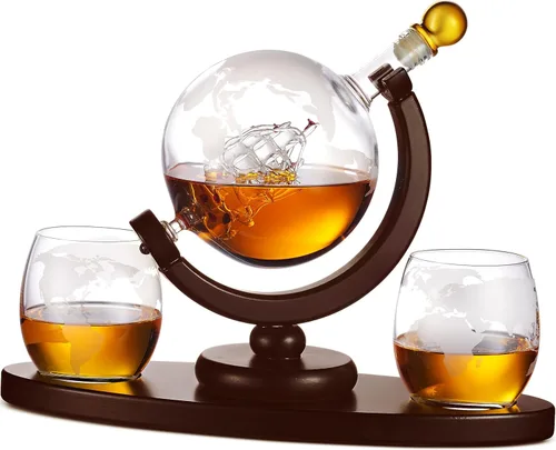 Regalos para hombres, juego de decantador de whisky con diseño de globo terráqueo con 2 vasos grabados para whisky, escocés, bourbon, vodka, regalos