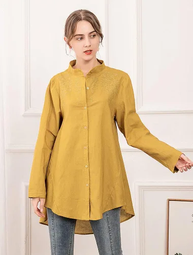 Miniatura 6 de Minibee Camisa de lino de algodón para mujer, blusa bordada de manga larga con botones