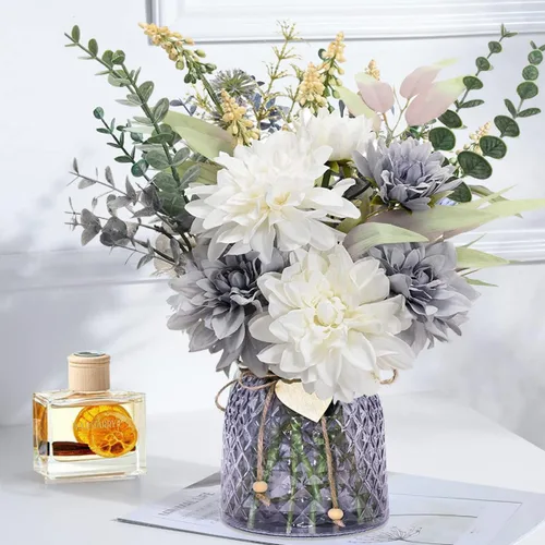 Decoración del hogar Flores falsas con jarrón – Flores artificiales, Ramo de plantas falsas, decoración realista de dalias, hortensias, eucalipto,