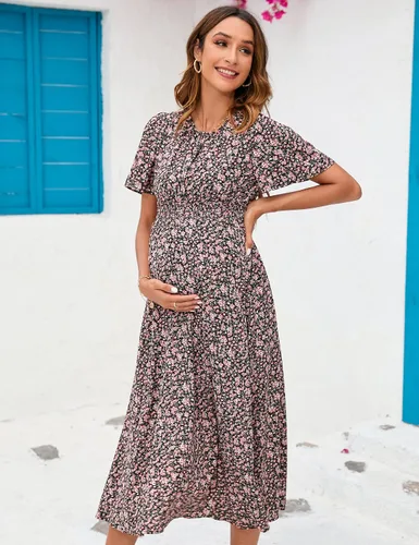 Miniatura 5 de KOJOOIN Vestido de maternidad bohemio con volantes de manga corta para mujer, vestido midi con cuello redondo fruncido floral para baby shower