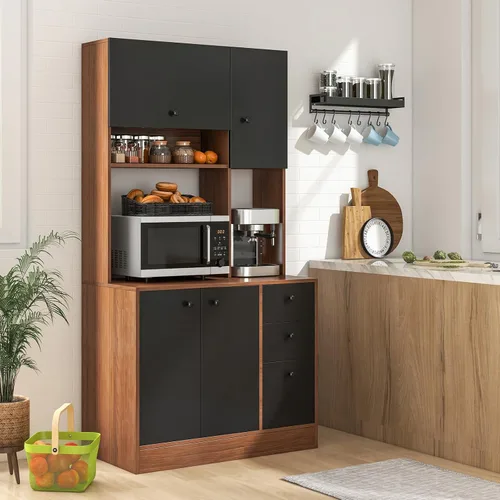 Miniatura 4 de Giantex Despensa de cocina, buffet con 3 armarios de almacenamiento, armario grande de piso de 71 pulgadas con 3 cajones profundos, encimera ancha