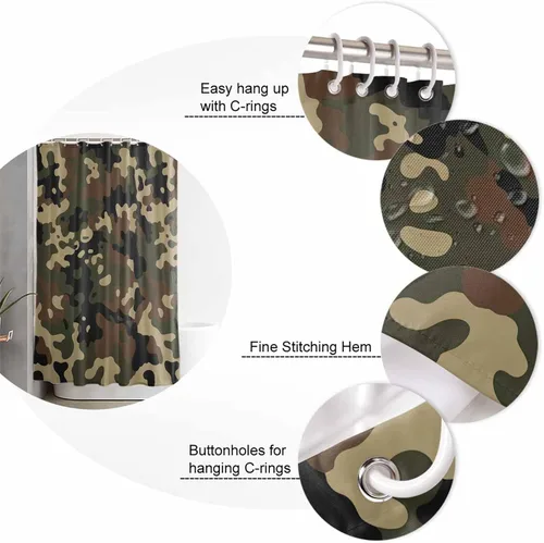 Miniatura 6 de Juego de 4 cortinas de ducha de camuflaje con alfombra antideslizante, cubierta para tapa de inodoro, tapete de baño y 12 ganchos, juego de cortina
