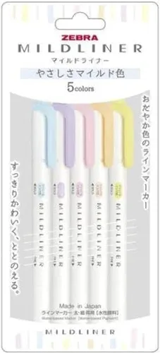 Marcador de línea cebra, pigmento grueso y fino a base de agua, Mildliner, 5 colores, WKT7-5C-YC