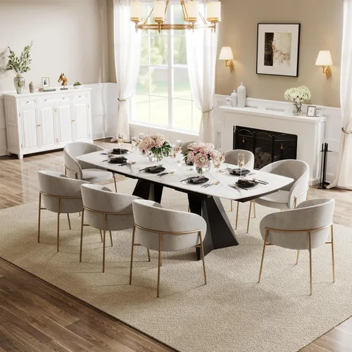 Miniatura 23 de Mesa de comedor extensible con extensión, 65"-95" piedra sinterizada rectangular, superficie con aspecto de mármol, para 6-12 personas, base
