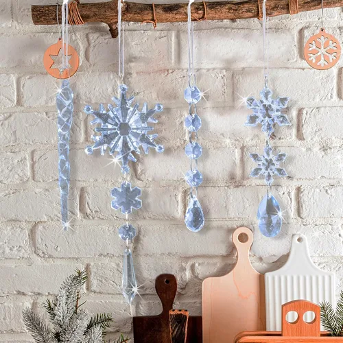 Miniatura 6 de GuassLee 36 piezas Adornos de Cristal para Árbol de Navidad - Copos de Nieve Acrílicos Azules Carámbanos Gota Cristal Adornos Colgantes para Árbol