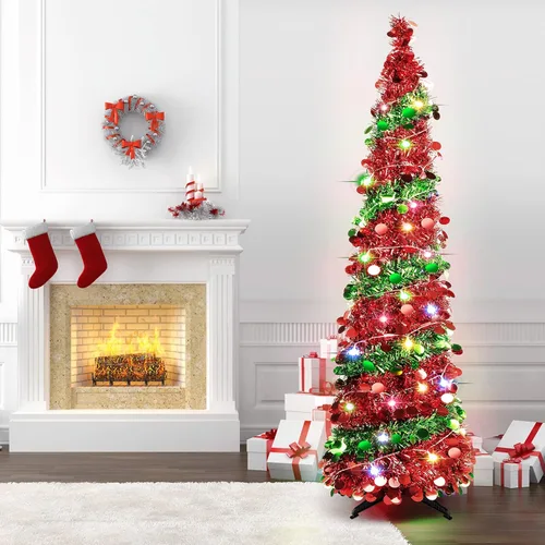 Miniatura 3 de Árbol de Navidad plegable de lentejuelas de 5 pies con 90 luces LED, árbol de Navidad de oropel delgado con soporte para apartamentos Rojo y verde