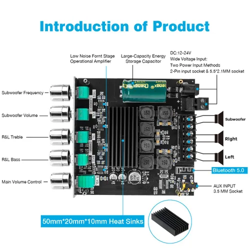 Miniatura 2 de ZK-TB21 Amplificador de Subwoofer de 2.1 Canales Bluetooth 5.0 50W+50W+100W Placa de Amplificador TPA3116D2 Control de Aguda y Baja Estéreo