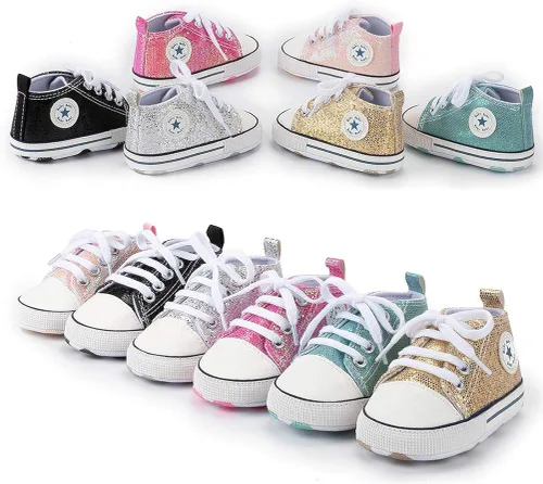 Miniatura 9 de Zapatos deportivos de lona para bebés y niñas con diseño de estrellas, suela antideslizante suave para recién nacidos, primeros caminantes