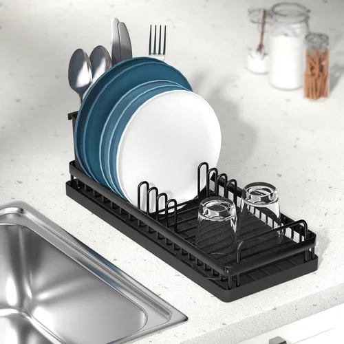 Miniatura 4 de CHLORYARD Escurridor de Platos Pequeño, Escurridor de Platos Compacto para Fregadero Organizador de Platos con Portautensilios y 2 Alfombrillas