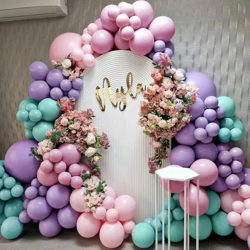 Miniatura 7 de Guirnalda de globos pastel de doble relleno, color rosa, morado, verde, arco de globos colorido, kit de látex metálico dorado para sirena, baby