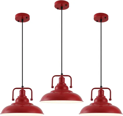 Paquete de 3 luces colgantes rojas de granja, luces colgantes de metal para isla de cocina, lámpara colgante industrial, luz colgante de isla Rojo