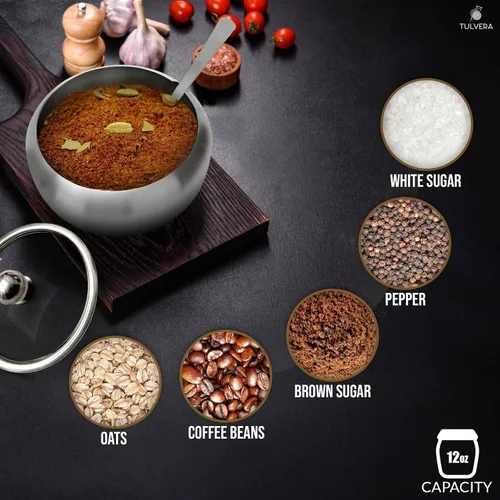 Miniatura 5 de Azucarero con tapa y cuchara Recipiente de azúcar de 12oz para barra de café Frasco portasal de acero inoxidable para sal, té, caramelos, azúcar