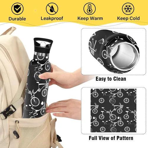 Miniatura 4 de Kids Water Bottle with Straw for School Leakproof Sports Water Bottle for Boys Girls 20oz, BPA-Free, Bicycles Black White
