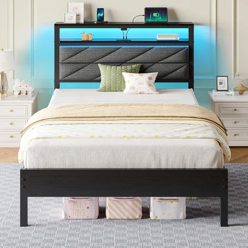 Miniatura 12 de Seventable Base de cama tamaño Queen con estación de carga, cama LED con cabecera de almacenamiento tapizada, cama de plataforma de metal con Gris