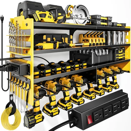 Miniatura 10 de POKIPO Organizador grande de herramientas eléctricas de montaje en pared con estación de carga, 4 capas de metal resistente para almacenamiento