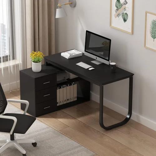 Miniatura 12 de Homsee Escritorio de esquina para computadora de oficina en casa con 3 cajones y 2 estantes, mesa de estudio grande en forma de L de 55 pulgadas