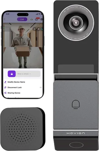 HAVION Cámara de timbre de video inalámbrica D1 - por NIU Inno., incluye timbre, cámaras duales, 5MP 3K QHD, pantalla de 2 pulgadas, eMMC de 32 GB,