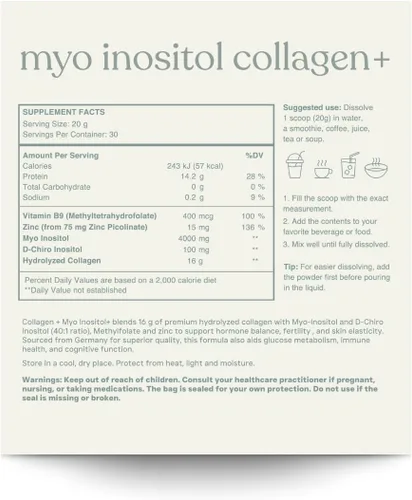 Miniatura 2 de MYO INOSITOL Collagen+ 21.16 oz sin sabor Mio-inositol y D-Chiro Inositol (40:1), colágeno hidrolizado, folato, zinc y vitamina B6 Equilibrio