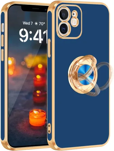 Miniatura 11 de Fingic Funda para iPhone 12 con Soporte de Anillo, [Soporte de Anillo Giratorio de 360° Magnético con Base] [Borde Dorado Brillante con Enchapado]