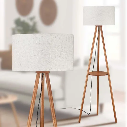 Lámpara de pie trípode de madera BTP, luz de pie de granja con estante de madera y pantalla de tambor para sala de estar, dormitorio, oficina,
