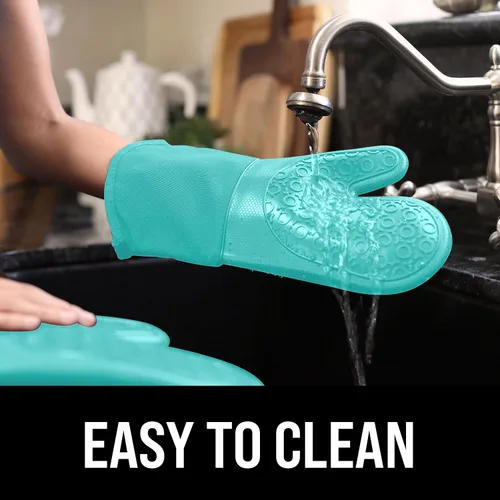 Miniatura 6 de Guantes de horno de silicona con forro de algodón acolchado – profesional resistente al calor olla de cocina soportes – 1 par 2-Turquesa
