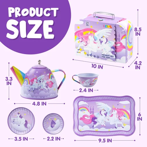 Miniatura 7 de JOYIN Juego de fiesta de té de unicornio para niñas pequeñas, juego de tetera de lata morada, juguete de cocina con tetera, taza, plato, funda
