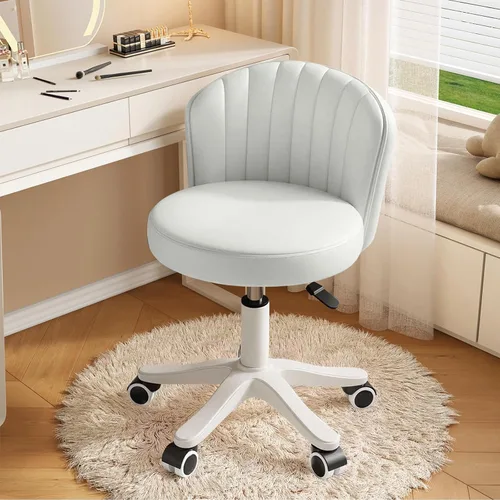 Miniatura 15 de Silla Pequeña Redonda de Escritorio con Ruedas Sin Brazos Cómoda Silla de Tocador para Computadora con Respaldo Bajo de Cuero PU Altura Ajustable
